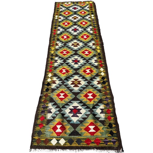 1700 - A Maimana Kilim runner with a central panel of stepped diamonds 291cm x 80cm approximately