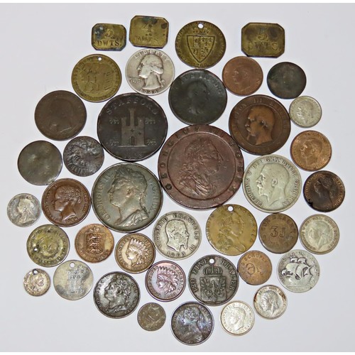 426 - A small collection of 18th century British and world coins and banknotes to include an Irish Penny 1... 