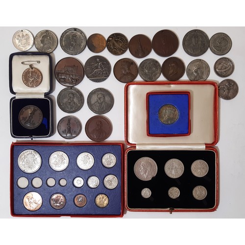 457 - Part 1937 coin set in card box, George V silver coins in leather case, 19th century commemorative me... 