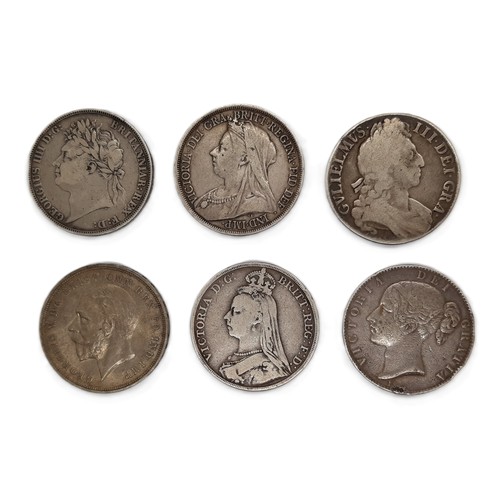 459 - Six assorted English silver coins to include William III 1689-1702 Shilling 1696, inscribed, Crowns ... 