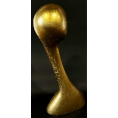 585 - An Art Deco Golden shop head and shoulder mannequin, with an imaginative elegant long neck, 62cm hig... 