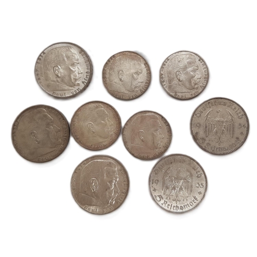 464 - Germany: A group of 1930’s 5 and 2 Reichsmark coins (9 coins).