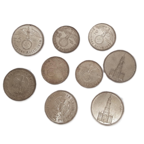 464 - Germany: A group of 1930’s 5 and 2 Reichsmark coins (9 coins).