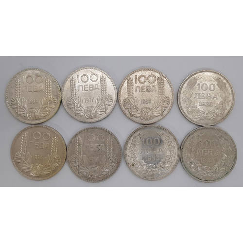 466 - Bulgaria: Boris III, 8 x 100 Leva coins, dated 1930 x 3 1934 x 3 and 1937 x 2. (8 coins).