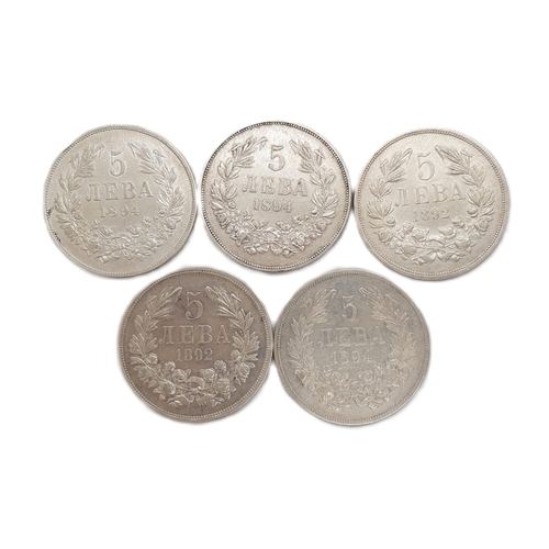 475 - Bulgaria, Ferdinand I, five silver 5 Leva coins, dated 1892 x 2 and 1894 x 3 (5 coins)