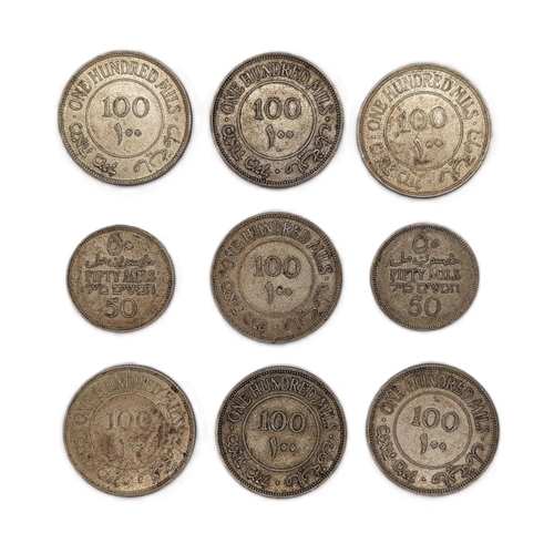 479 - Palestine: 100 Mils x 7 (dated 1927 x 2, 1931, 1935 x 2 and 1939 x 2) together with 50 Mils x 2 (dat... 