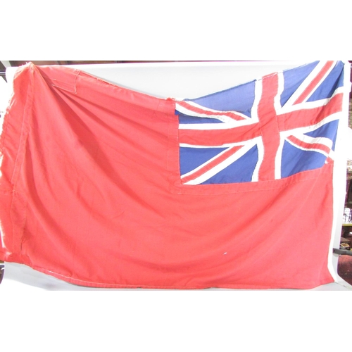 574 - Two vintage linen Union Jacks both 132cm x 67cm (one a bit tatty) and a vintage linen Red Ensign 147... 