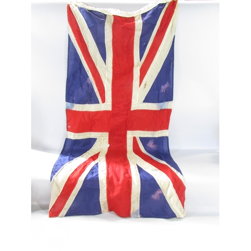 574 - Two vintage linen Union Jacks both 132cm x 67cm (one a bit tatty) and a vintage linen Red Ensign 147... 