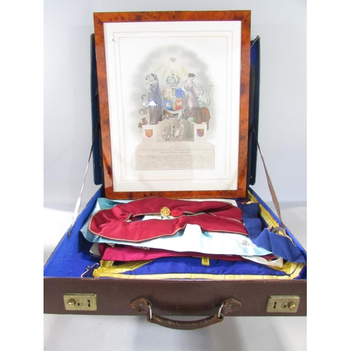 579 - A case of Masonic regalia and maple framed Masonic print