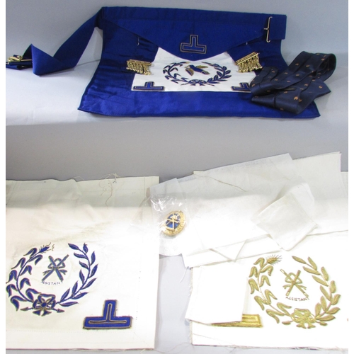 579 - A case of Masonic regalia and maple framed Masonic print