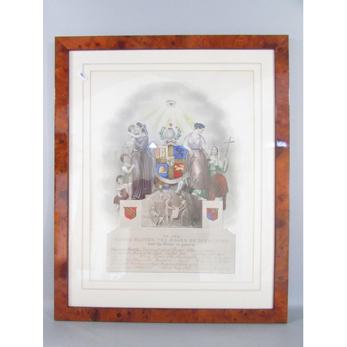 579 - A case of Masonic regalia and maple framed Masonic print