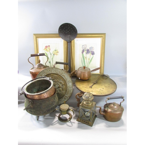 581 - A quantity of old copper and brass items, including a cauldron, weighing scale, kettles, a skimmer, ... 