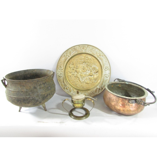 581 - A quantity of old copper and brass items, including a cauldron, weighing scale, kettles, a skimmer, ... 