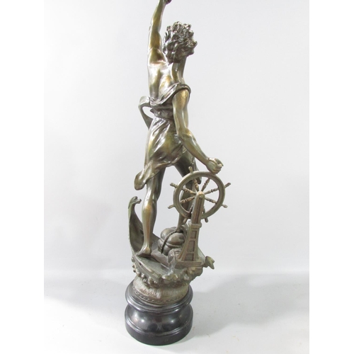 582 - A spelter figure of a victorious sailor, sword in hand, standing on elements of a ship raised on a s... 