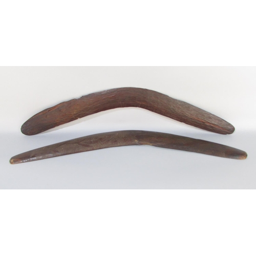 589 - Two old Aboriginal Mulga wood boomerangs, one with incised shrubs on a stone cut ground (broken and ... 