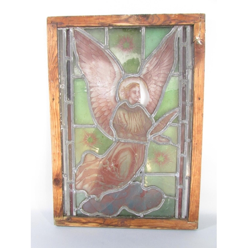 600 - A 19th century stained glass panel of an angel in a wooden frame. 48cm x 34cm including frame. (As F... 