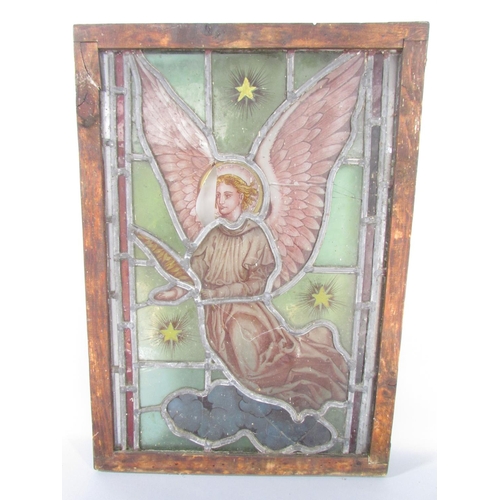 600 - A 19th century stained glass panel of an angel in a wooden frame. 48cm x 34cm including frame. (As F... 