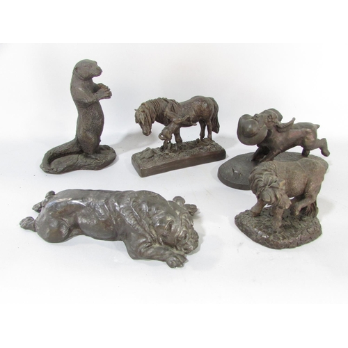 608 - Five small bronze resin animals, a Spaniel, an Otter, a spread eagled Bull Dog, a Shetland Pony and ... 