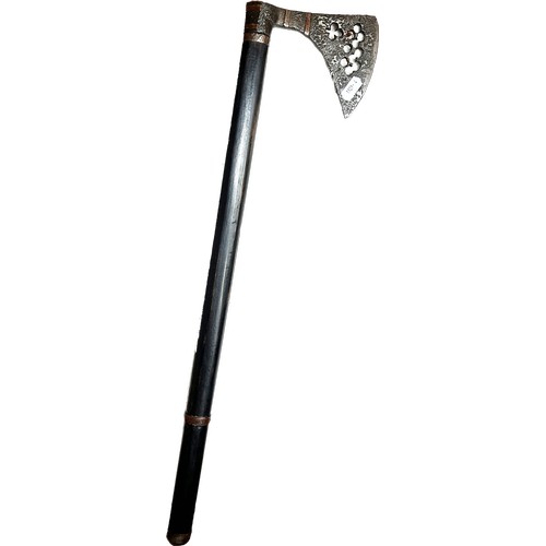 684 - A Hungarian cavalry axe with a honey comb pierced forged iron head on a wood handle, 57cm long