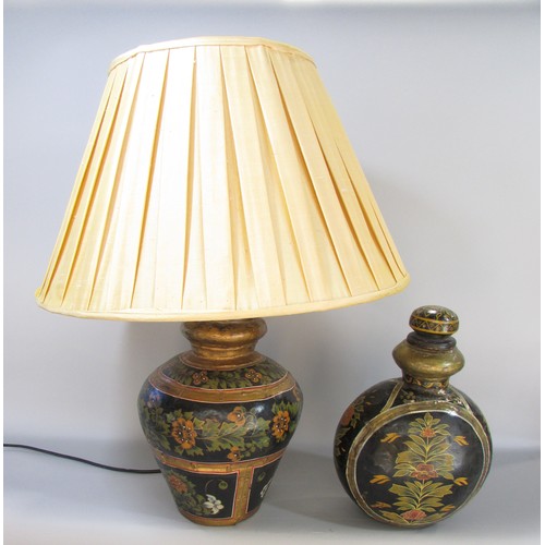 594 - A Rajasthani metal hand painted table lamp with a 'slub' silk shade together with a matching Rajasth... 