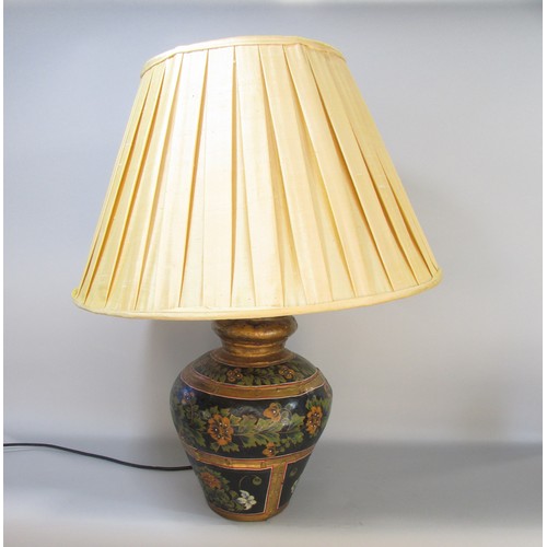 594 - A Rajasthani metal hand painted table lamp with a 'slub' silk shade together with a matching Rajasth... 