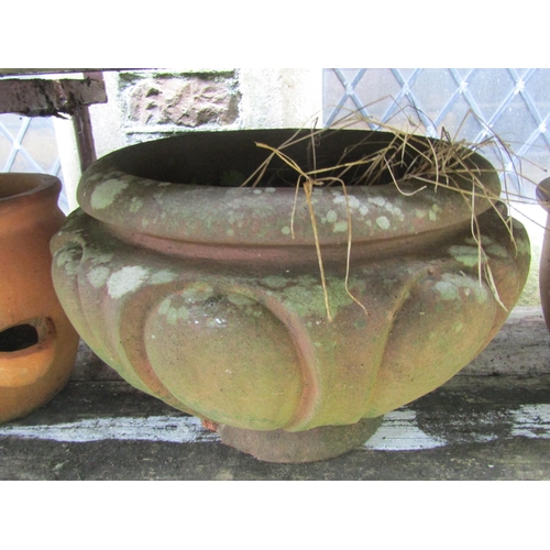 1003 - A weathered terracotta squat oviform garden planter, 34 cm high x 55 cm diameter together with three... 