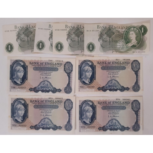 397 - Bank of England, 4 x L K O’Brien £5 notes, serial numbers EO6 125315, H70 066983, H21 182288, H70 35... 