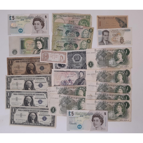 401 - Bank of England and other worldwide banknotes to include £5 note, £1 notes, Belgian and American exa... 