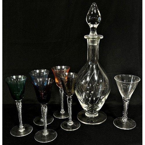 186 - An elegant Regency style decanter and five coloured glass 18th century style air twist glasses and a... 