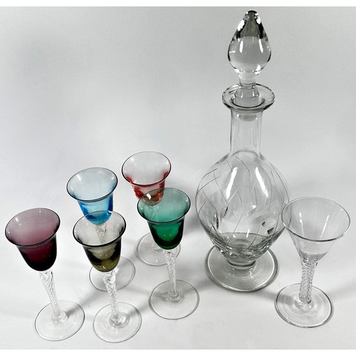 186 - An elegant Regency style decanter and five coloured glass 18th century style air twist glasses and a... 