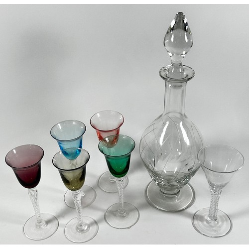 186 - An elegant Regency style decanter and five coloured glass 18th century style air twist glasses and a... 