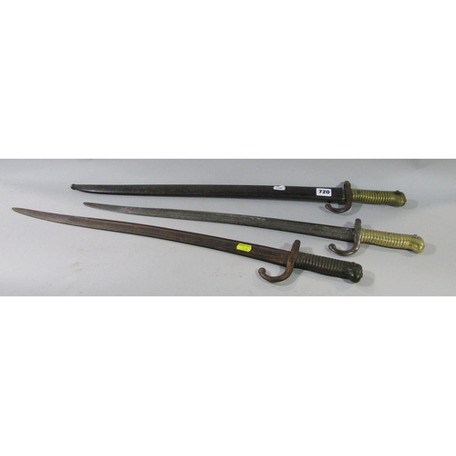 720 - Three dated French Chassepot bayonets, one with scabbard dated 1870, 1874, 1874