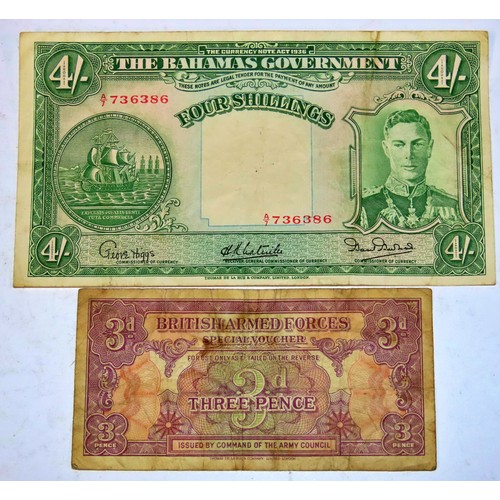 440 - The Bahamas Government, Four shillings note and a British Armed Forces Special Voucher Three Pence n... 