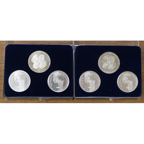 435 - Six assorted Belgian and Dutch silver coins, four Belgian Francs, 50 Gulden (6).