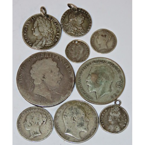 480 - A small selection of George II and and later silver coins together with two Chinese bank notes.