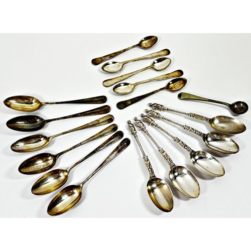 227 - Five silver Apostle spoons, eleven silver coffee spoons (6+5) and a single mustard spoon. 5.4 oz