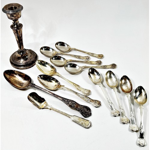 213 - A good quantity of loose King’s pattern flatware and a single silver candle stick.