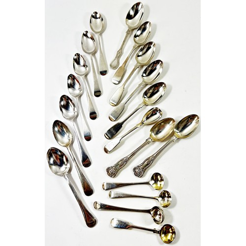 258 - A quantity of silver teaspoons, some matching and three mustard spoons,  12.2oz