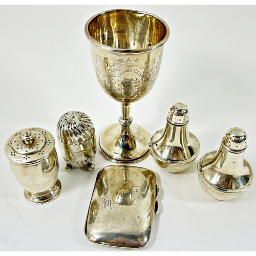 271 - A silver set of salt and pepper pots of mixed designs, a cigarette case and a trophy 'Wessex Club la... 