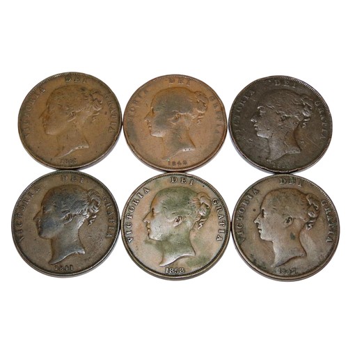 317 - Victoria Pennies, 1841, 1847, 1848, 1853, 1855, 1858. (6 coins).