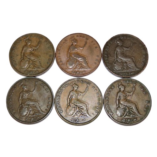 317 - Victoria Pennies, 1841, 1847, 1848, 1853, 1855, 1858. (6 coins).