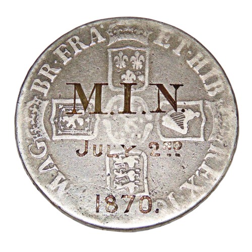 196 - William III, 1689-1702. Crown, 1696. Engraved as a love token, “M.I.N. JULY 2ND 1870”. (1 coin / tok... 