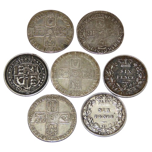 323 - William III Sixpence, 1696. Anne Sixpence, 1711. George II Sixpences, 1750, 1758. George III Sixpenc... 