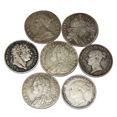 323 - William III Sixpence, 1696. Anne Sixpence, 1711. George II Sixpences, 1750, 1758. George III Sixpenc... 