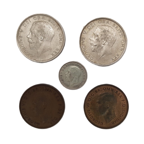 320 - George V Halfcrowns, 1916, 1918, Sixpence, 1936. George VI Pennies, 1951 (scarce), 1937. (5 coins).