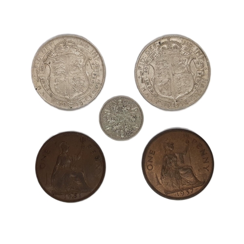 320 - George V Halfcrowns, 1916, 1918, Sixpence, 1936. George VI Pennies, 1951 (scarce), 1937. (5 coins).