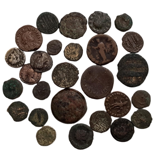 331 - An old tin of Roman Ptolemaic and Byzantine coins, including a Septimius Severus Denarius, Faustian ... 