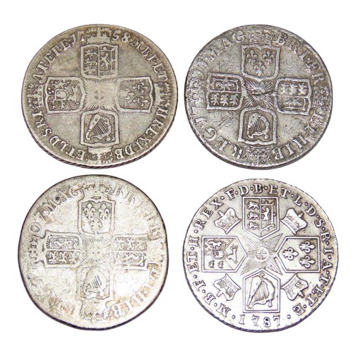 313 - Anne 1702-1707,  Shilling, 1707 E*, 1711. George II 1727-60, Shilling, 1758. George III 1760-1820, S... 