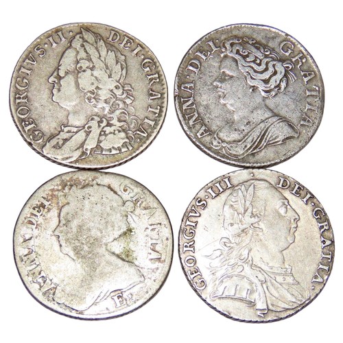 313 - Anne 1702-1707,  Shilling, 1707 E*, 1711. George II 1727-60, Shilling, 1758. George III 1760-1820, S... 