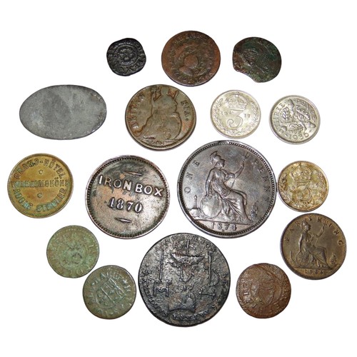 311 - Charles I Farthings, 17th century Trade Tokens, Victorian Penny 1875 H, Charles II Farthing 1674 and... 